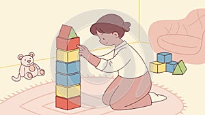 Focused Child Building with Stacked Blocks, Learning and Creativity, vector design Generative AI