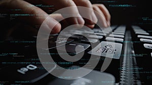 Close-Up of Hands Typing on Laptop Keyboard Surrounded by Lines of Code Representing Programming and Data Processing in