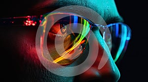 Focused designer wears glasses working on computer looking at color tech reflecting in spectacles developing software