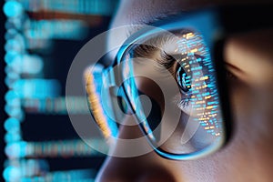 Focused developer coder wears glasses working on computer looking at programming code data