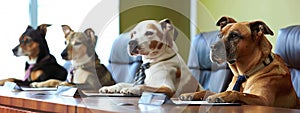 Focused dogs as members of board in a row in a meeting.