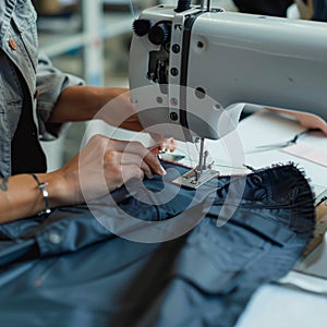 Focused dressmaker sews clothes meticulously on factory sewing machine