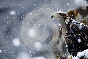 focused eagle passing by snow flurries on a cold mountain slope