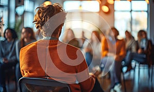 Focused Facilitator Leading a Diverse Team in a Collaborative Workshop Amidst a Warmly Lit Blurred Office Background