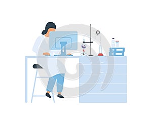 Focused female scientist sitting at desk working on computer vector flat illustration. Woman in white coat at science