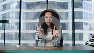 Focused girl moving virtual pieces sitting desk closeup. Woman typing keyboard