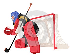 Focused Hockey Goalkeeper Character Guards The Net With Determination, Clad In Protective Gear And A Mask