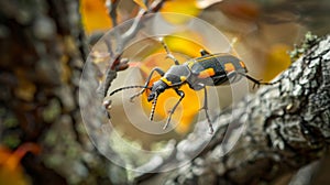 A focused image of a beetle in midflight captured against a backdrop of dying foliage and cracked bark