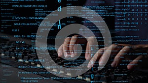 Close-up of Hands Typing on Keyboard Surrounded by Code and Digital Data Elements in a Tech Environment xenic