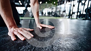 Focused image of a technician kneeling pressing down shockabsorbing rubber flooring with hands the textured surface