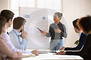 Focused indian woman make flipchart presentation at meeting