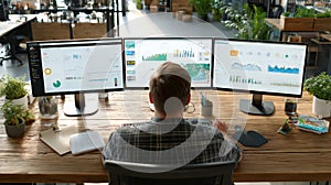 Person Working at Desk with Multiple Monitors and Analytics Charts