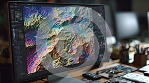 Focused interface of a computer displaying layered hyperrealistic terrain maps generated by adversarial networks