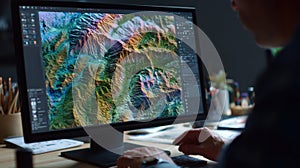 Focused interface of a computer displaying layered hyperrealistic terrain maps generated by adversarial networks