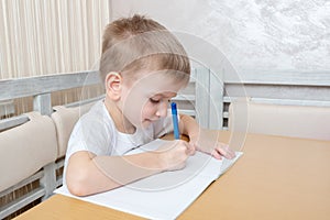 Focused little caucasian boy writing in notebook doing teacher lesson at home. A child holding a pen and drawing