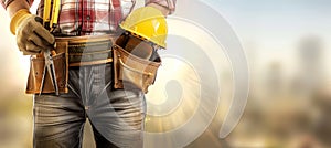 Focused male carpenter working with tools in workshop, blurred background with copy space