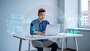 Young man working on laptop with futuristic holographic data visualizations and charts