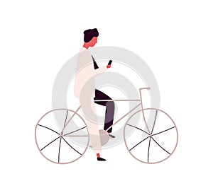 Focused man using smartphone sitting on bicycle vector flat illustration. Busy male in black and white suit holding