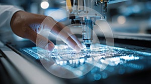 Focused medium shot of hands operating a blockchainenabled machine embedding tamperproof microchips onto academic