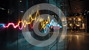 Focused medium shot of an interactive emotionsensing display on a lobby wall showcasing shifting colorful waveforms