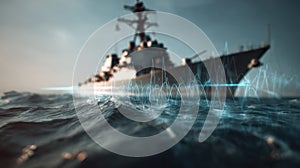 Focused medium shot showcasing an advanced antisubmarine quantum sensor array trailing behind a warship with the ocean