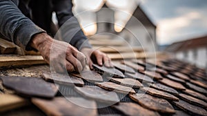 Focused medium shot showcasing hands aligning ecofriendly fishnet shingles during a reroofing project on a centuriesold