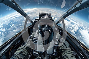 Focused pilot in the cockpit of an F-16 jet, ready for a mission in the skies