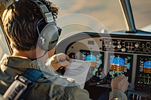 Focused pilot reviewing aircraft manual in cockpit during flight