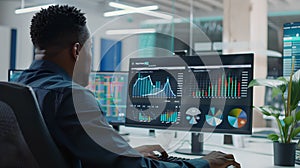 Focused professional analyzing data on computer screen in modern office. Business intelligence in action. Data-driven