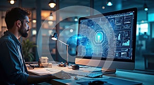 Focused professional man, developer working on computer with new technology in modern office