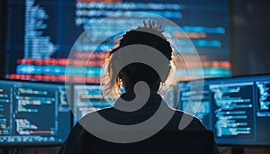 Focused programmer analyzing code on multiple computer screens