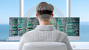 Focused Programmer Analyzing Code on Multiple Screens in Modern Office