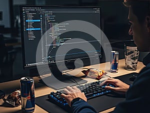Focused Programmer Coding Late Night on Desktop Computer
