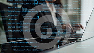 Focused programmer working on a laptop with digital code overlay, representing software development and technology