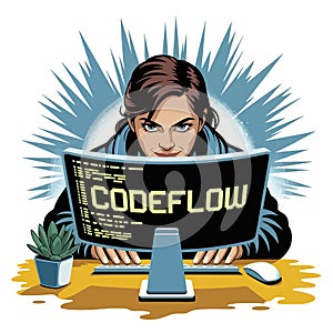 Focused programmer intense concentration coding on computer screen