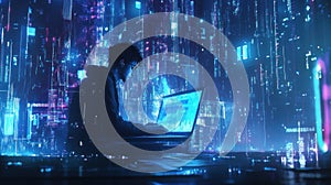 Focused programmer in a vibrant digital environment.