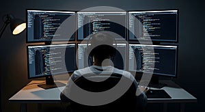 Focused Programmer at Work with Multiple Monitors