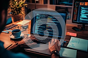 Focused Programmer Working Late at Laptop Screen