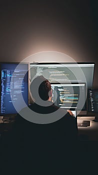 Focused Programmer Working Late With Multiple Computer Screens
