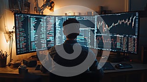 Programmer Working Late at Night with Multiple Monitors Displaying Code and Stock Market Data