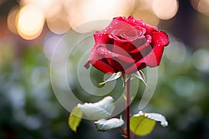 A focused red rose petal with vivid bokeh, conveying Valentines Day sentiment