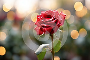 A focused red rose petal with vivid bokeh, conveying Valentines Day sentiment