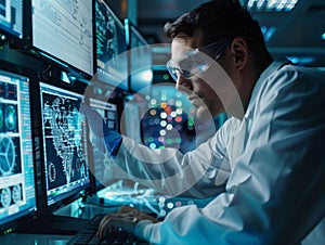 A focused scientist in a lab coat and protective glasses examining genetic sequencing data on multiple computer monitors in a