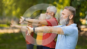 Focused seniors performing yoga pose in unison during outdoor training in park