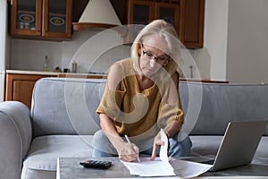 Focused serious middle aged homeowner in glasses, reviewing domestic documents