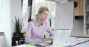 Focused serious young blonde businesswoman working on computer.