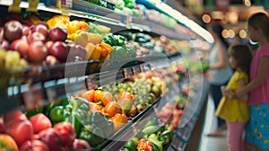 Focused shot on a grocery store shelf with colorful fruits and vegetables, promoting healthy eating