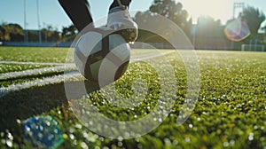 A focused shot of a players cleats maneuvering the ball on the stadiums lush green grass