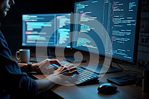 Focused software developer coding on computer with dual monitors