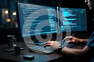 Focused software developer coding on computer with dual monitors